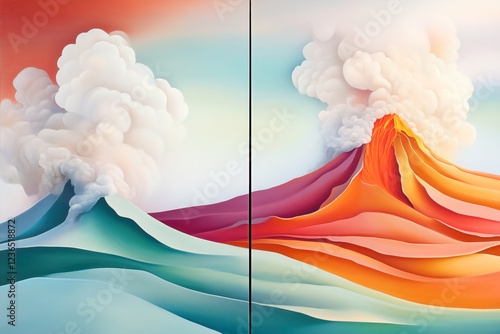 Erupting Volcano diptych smoke ash sky fiery orange abstract landscape