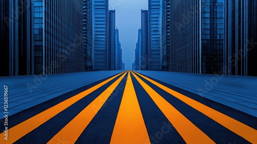 A vibrant urban scene featuring bold yellow stripes on a road, framed by towering blue skyscrapers under a twilight sky.