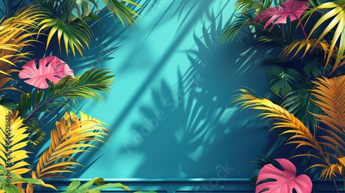 Vibrant Tropical Leaves Summer Background Teal Wall
