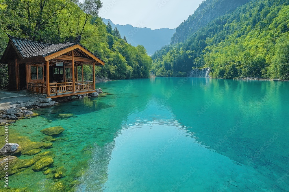Fototapeta premium Tranquil wooden cabin by turquoise lake with lush green mountains in the background