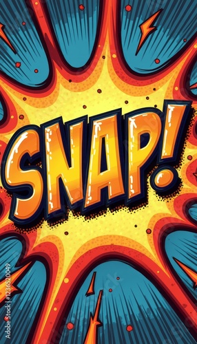A vibrant comic book explosion bursts forth with the bold word SNAP at its center, radiating energy and excitement. The striking colors and dynamic design evoke a sense of action and fun, perfect for