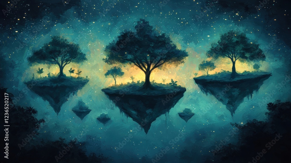 Fototapeta premium Ethereal Nighttime Scene with Floating Trees and Starry Sky