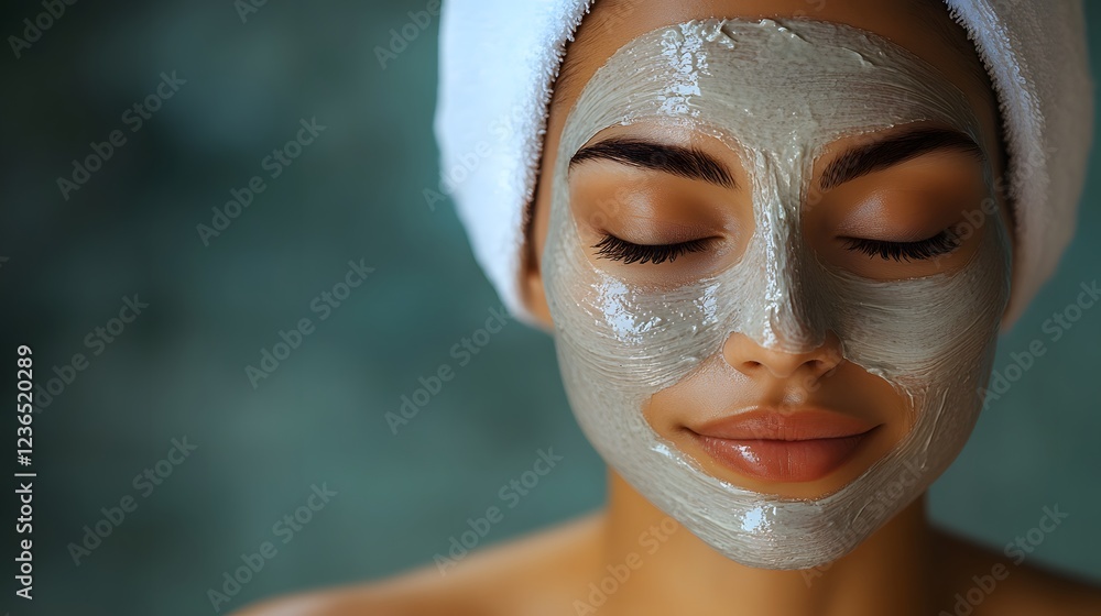 Woman enjoying a peaceful facial treatment with a mask, soft lighting, clean background with space for text. Woman enjoying a peaceful facial treatment with a mask, soft lighting, clean background with space for text.