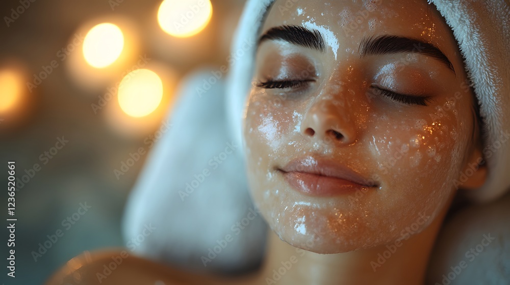 Woman enjoying a calming facial in a spa with soft lighting, ample space for messaging. Woman enjoying a calming facial in a spa with soft lighting, ample space for messaging.
