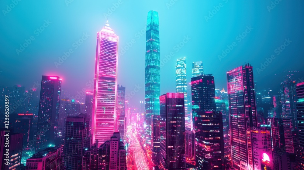 Fototapeta premium Vibrant Neon Cityscape at Night with Skyscrapers and Urban Lights
