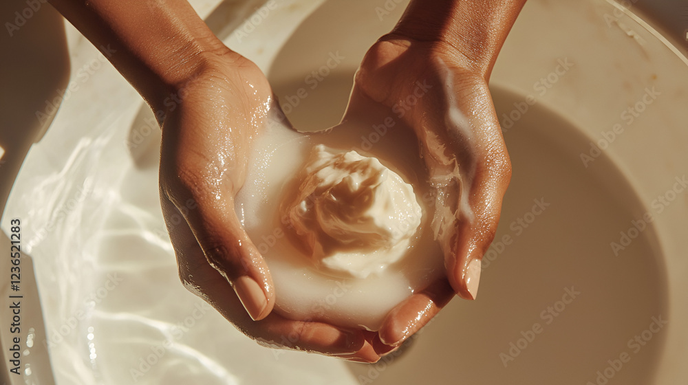Naklejka premium Creamy cleansing balm melting into hands, creating a luxurious and soothing experience.