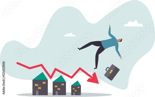 Housing price falling down, real estate and property crash, value drop or decline, home loan or mortgage risk.business concept.flat character.