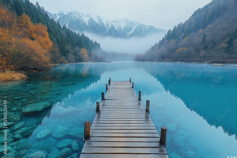 Serene wooden pier extending into tranquil lake surrounded by mountains and autumn foliage Serene wooden pier extending into tranquil lake surrounded by mountains and autumn foliage
