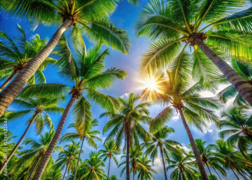 Fototapeta premium Low-angle panoramic: Palm trees rise against a vibrant tropical sky, a breathtaking paradise.