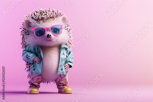 Cool Hedgehog Wearing Stylish Pink Sunglasses, a Trendy Jacket, and Sneakers on a Vibrant Pink Background