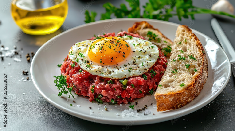plate of traditional beef tartare topped with fried egg and herbs plate of traditional beef tartare topped with fried egg and herbs