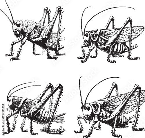 Detailed Black and White Illustrations of Crickets