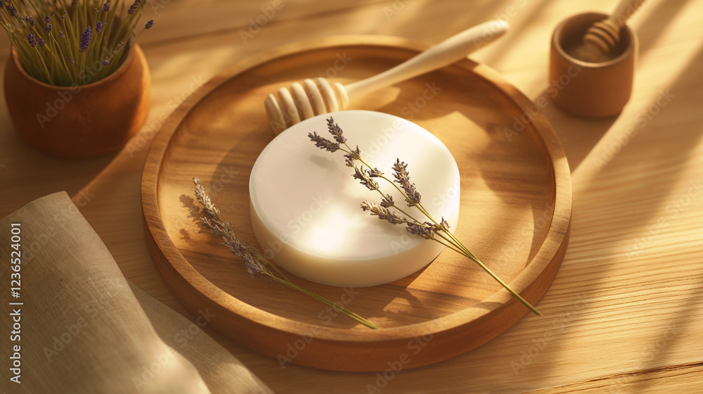 Fototapeta premium Round and oval handmade soap bars with natural ingredients, lavender, coffee, honey, and coconut oil, artisanal skincare, eco-friendly beauty