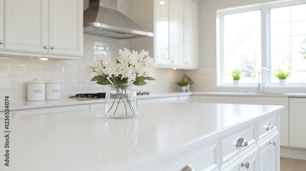 Fototapeta premium White kitchen island flowers, bright window, home decor