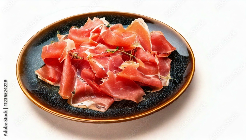 parma ham food on plate on table, isolated white background, copy space parma ham food on plate on table, isolated white background, copy space