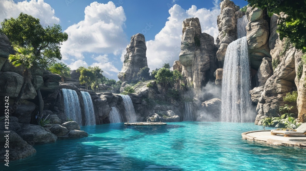 Naklejka premium Serene Lagoon Surrounded by Lush Rocks and Waterfalls