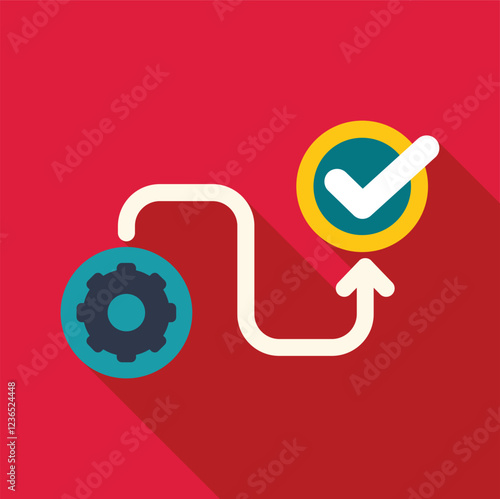 Visual representation of a process starting with a gear, symbolizing planning and execution, leading to a check mark indicating successful completion