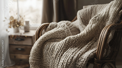 A cozy, chunky knit throw draped over a wicker chair near a window, creating a serene atmosphere.