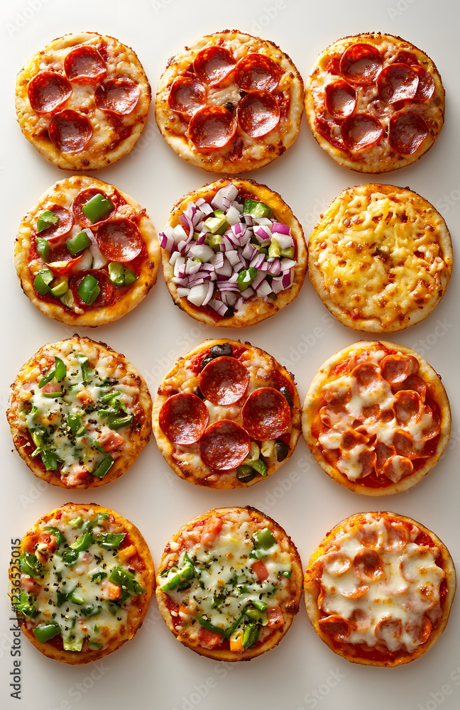 A creative flat lay of several pizzas, each with unique toppings like pepperoni, veggies, and cheese, arranged beautifully to celebrate National Pizza Day A creative flat lay of several pizzas, each with unique toppings like pepperoni, veggies, and cheese, arranged beautifully to celebrate National Pizza Day