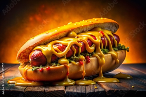 Surreal Hot Dog: Melting Mustard & Relish Dreamscape Food Photography photo