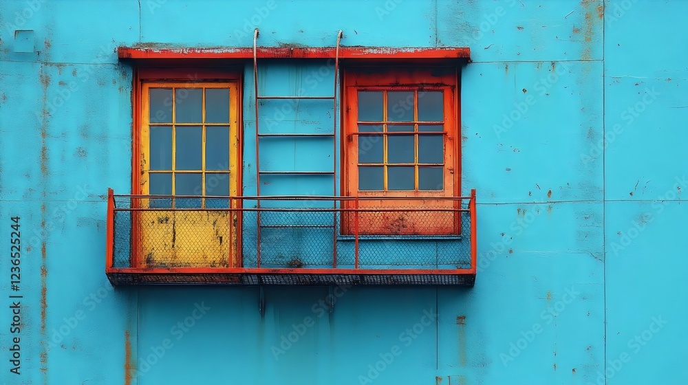 Obraz premium A blue wall with two windows and a yellow ladder