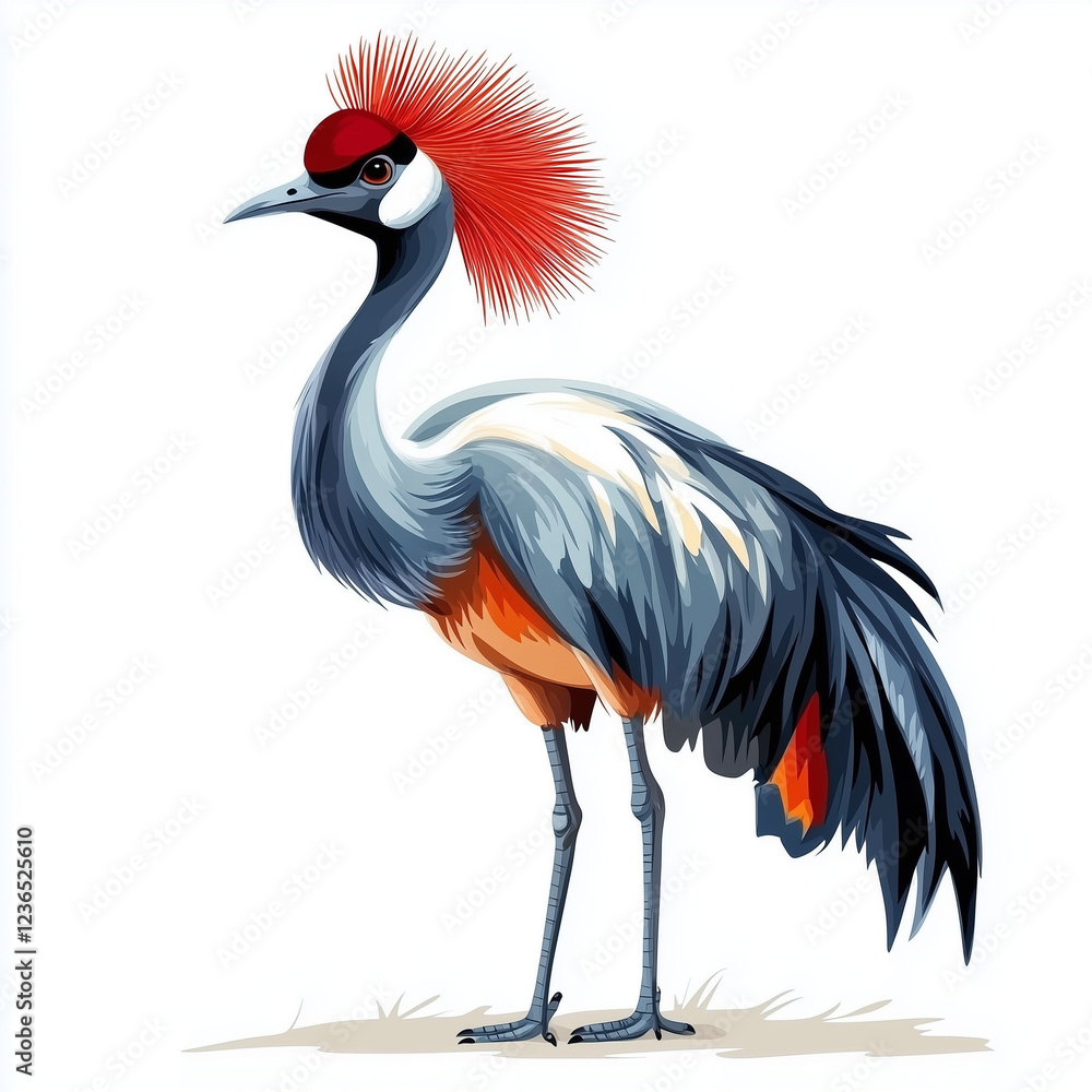 Illustration of the Crowned Crane, soft watercolor tones, white background, detailed illustration, cartoonish. Illustration of the Crowned Crane, soft watercolor tones, white background, detailed illustration, cartoonish.