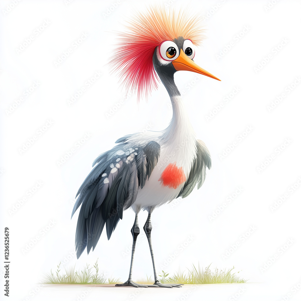 Fototapeta premium Illustration of the Crowned Crane, soft watercolor tones, white background, detailed illustration, cartoonish.
