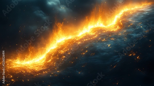 Wallpaper Mural Fiery, serpentine flames blaze across a dark, textured landscape under a stormy sky. Torontodigital.ca