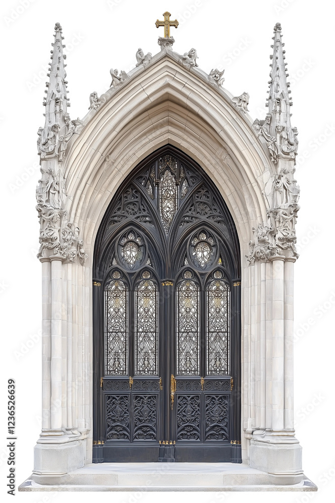 Fototapeta premium Gothic Cathedral Double Door with Ornate Stained Glass and Sculpted Details
