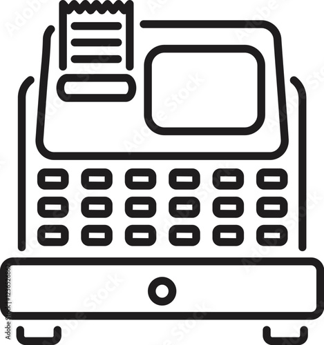 Simple black and white icon of a cash register printing a receipt, representing retail transactions and point of sale systems