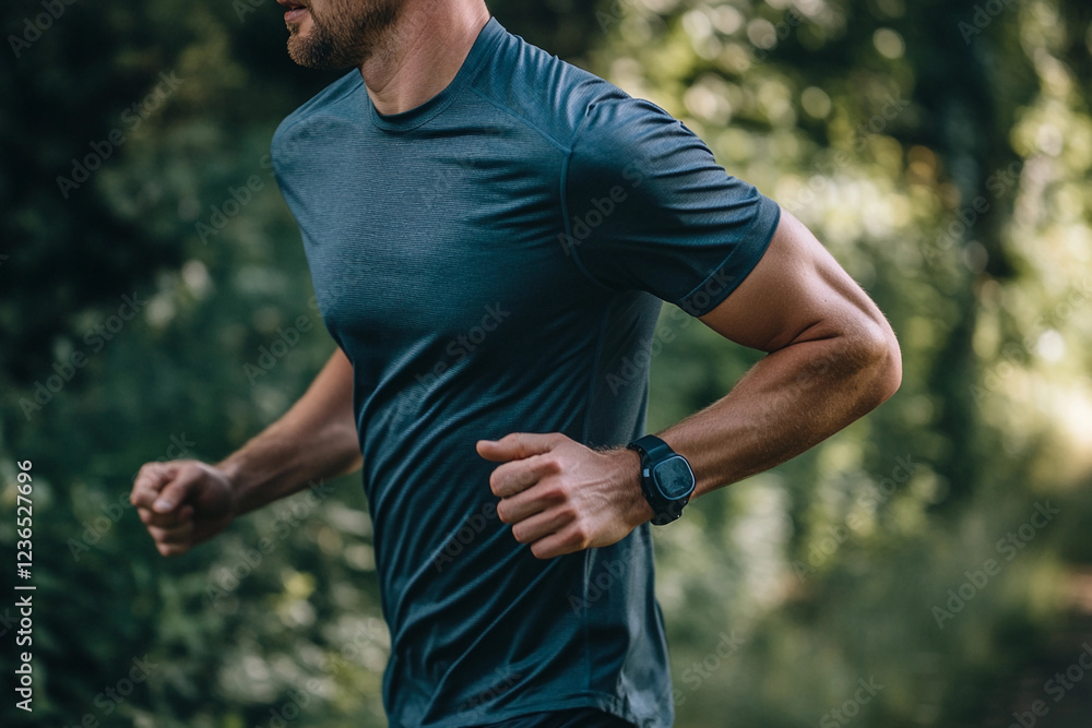 Fototapeta premium Runner in motion through a green forest trail