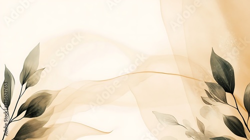 Elegant Beige Fabric Draped with Dark Green Leaves