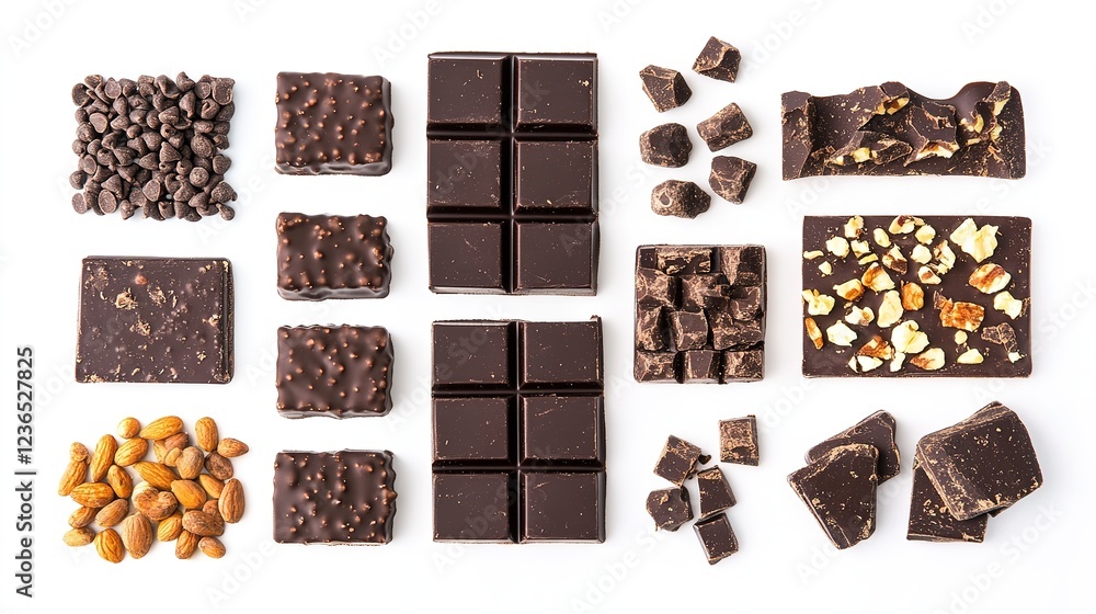 Dark Chocolate Blocks and Pieces Isolated on a White Background: Rich and Tempting Treats Dark Chocolate Blocks and Pieces Isolated on a White Background: Rich and Tempting Treats