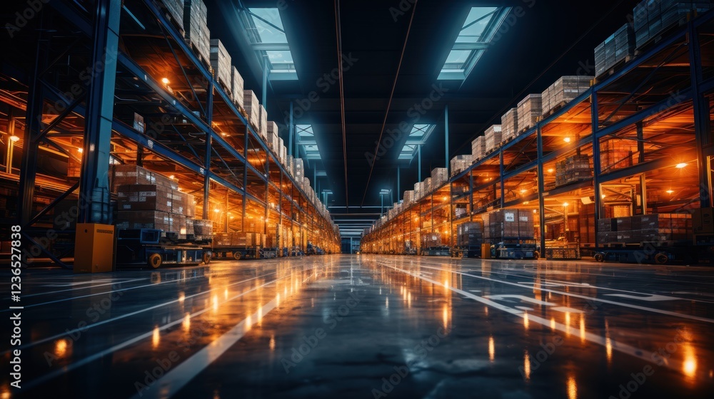 Night View of a Modern Warehouse Filled with Products Night View of a Modern Warehouse Filled with Products