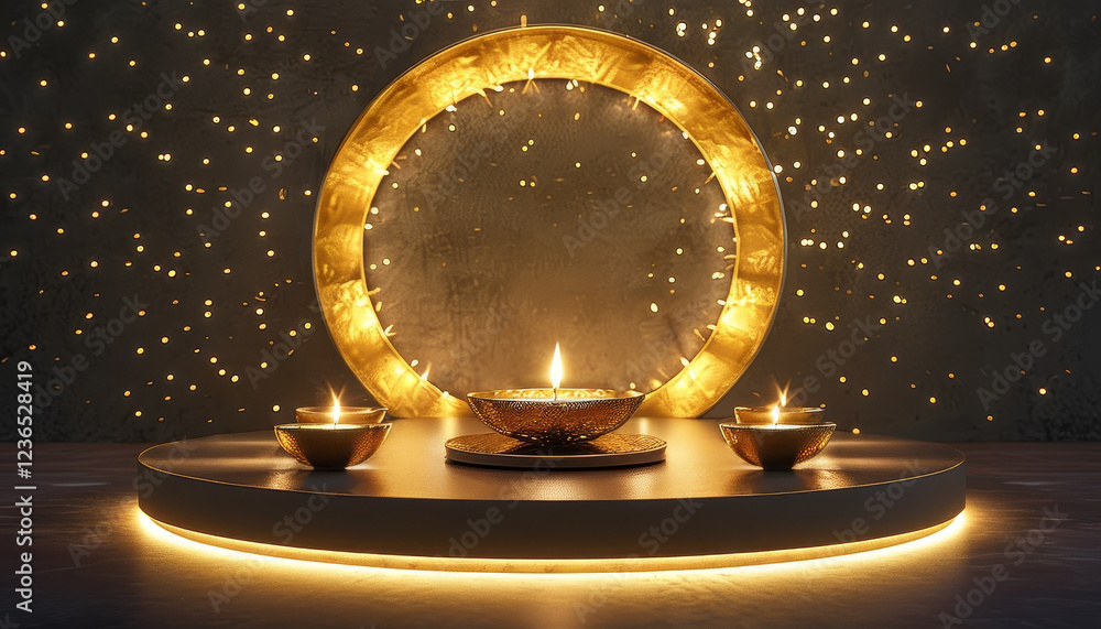 Diwali product display background podium,Golden glow, modern gold-finished, glowing diya, shimmering light patterns evoking firecracker trails, ad, podium platform, product presentation space Diwali product display background podium,Golden glow, modern gold-finished, glowing diya, shimmering light patterns evoking firecracker trails, ad, podium platform, product presentation space