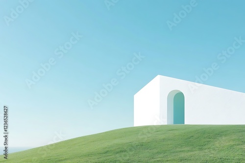 Wallpaper Mural Minimalist white mosque on a green hilltop overlooking vast fields with modern architectural style Torontodigital.ca