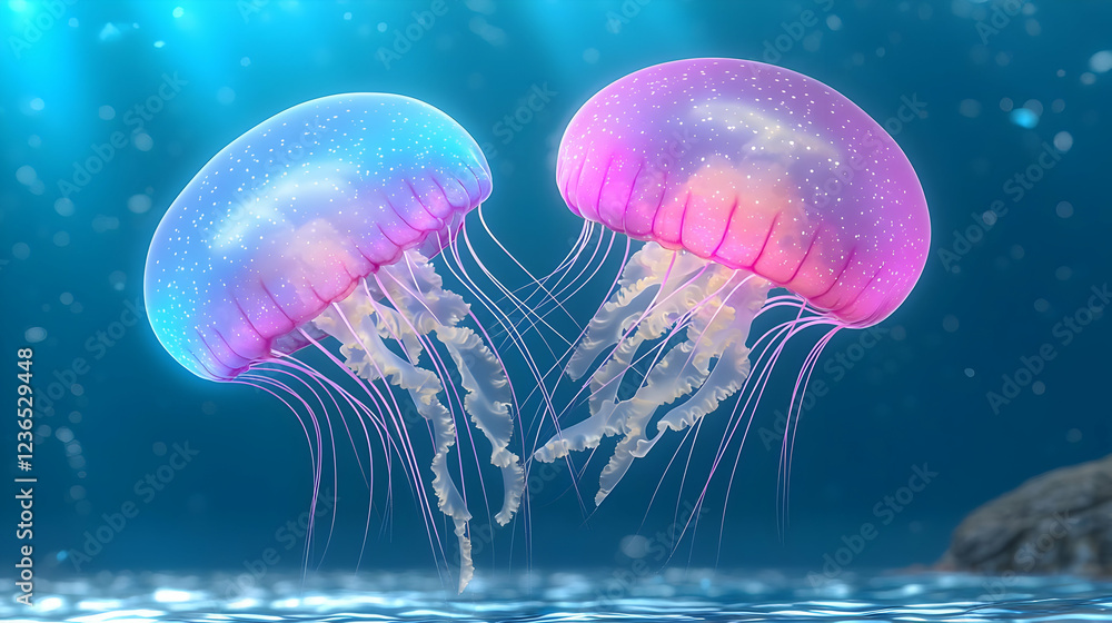 Naklejka premium Two glowing jellyfish dance underwater, ocean background, aquarium use