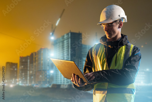 Man construction with lapto...