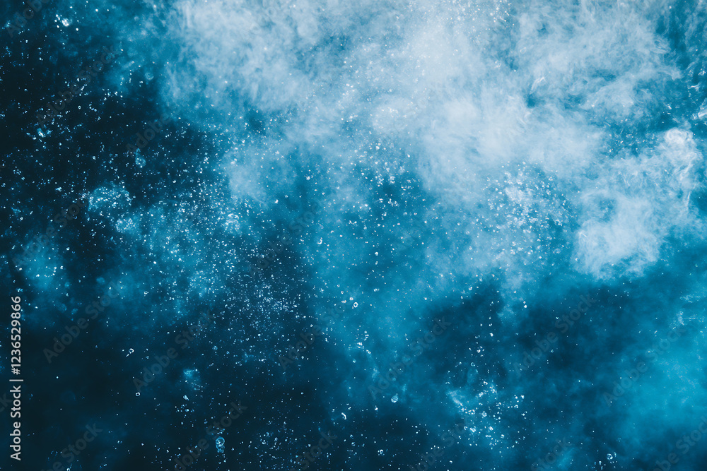 Obraz premium Captivating aerial view of a turbulent ocean with a blend of deep and light blue hues, accented by white foam, evoking a sense of mystery and the powerful beauty of nature.