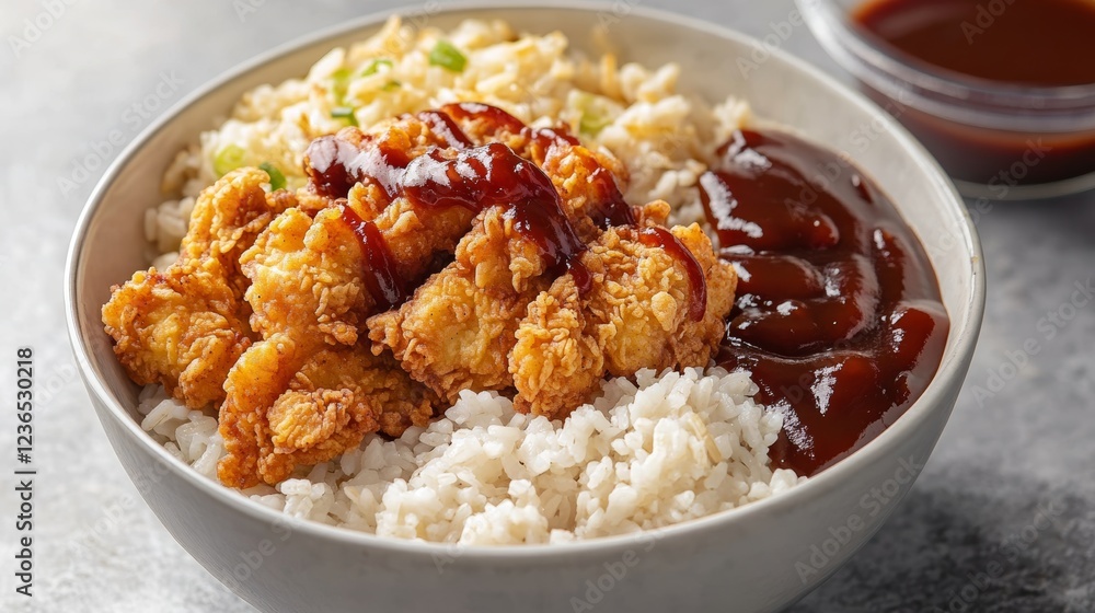 Top view of rice bowl with crispy boneless fried chicken topping poured with barbecue sauce Top view of rice bowl with crispy boneless fried chicken topping poured with barbecue sauce