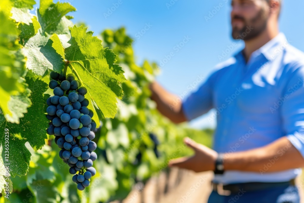 Obraz premium Vineyard tour guide shares insights on winemaking to interested tourists among lush grapevines in a scenic winery setting