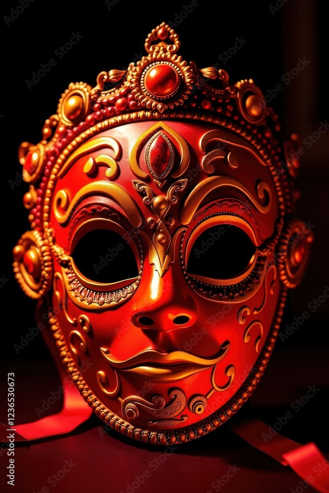 Red Venetian mask with elaborate details for Purim parties, carnival events, and costume designs Red Venetian mask with elaborate details for Purim parties, carnival events, and costume designs