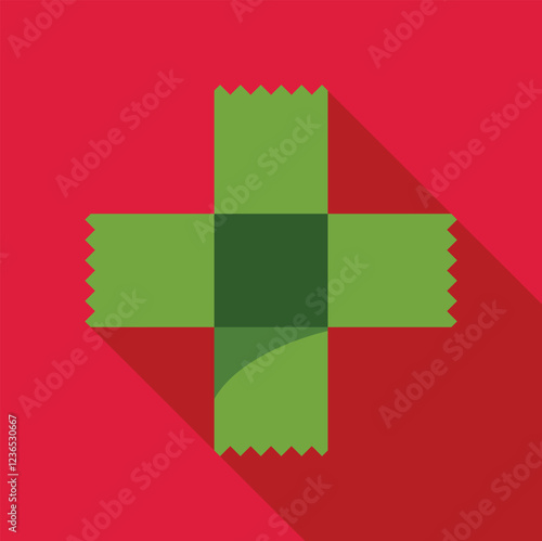 Green cross shape created with four pieces of adhesive tape over a vibrant red background, casting a long shadow