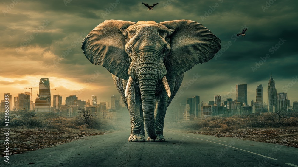 Fototapeta premium Majestic Elephant on City Road: A Surreal Encounter