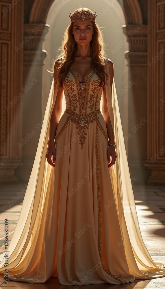Fototapeta premium Angelic queen in golden dress for fantasy films, wedding inspiration, and high-fashion photoshoots