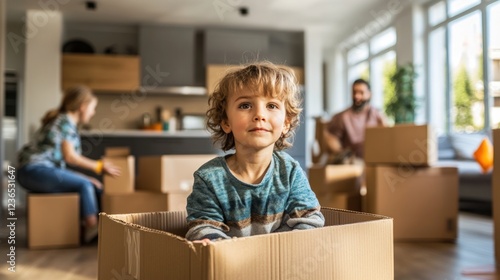 Happy child playing in a moving box surrounded by unpacked items. Warm sunlight fills the space, highlighting the joy of new beginnings and a cozy home atmosphere. photo