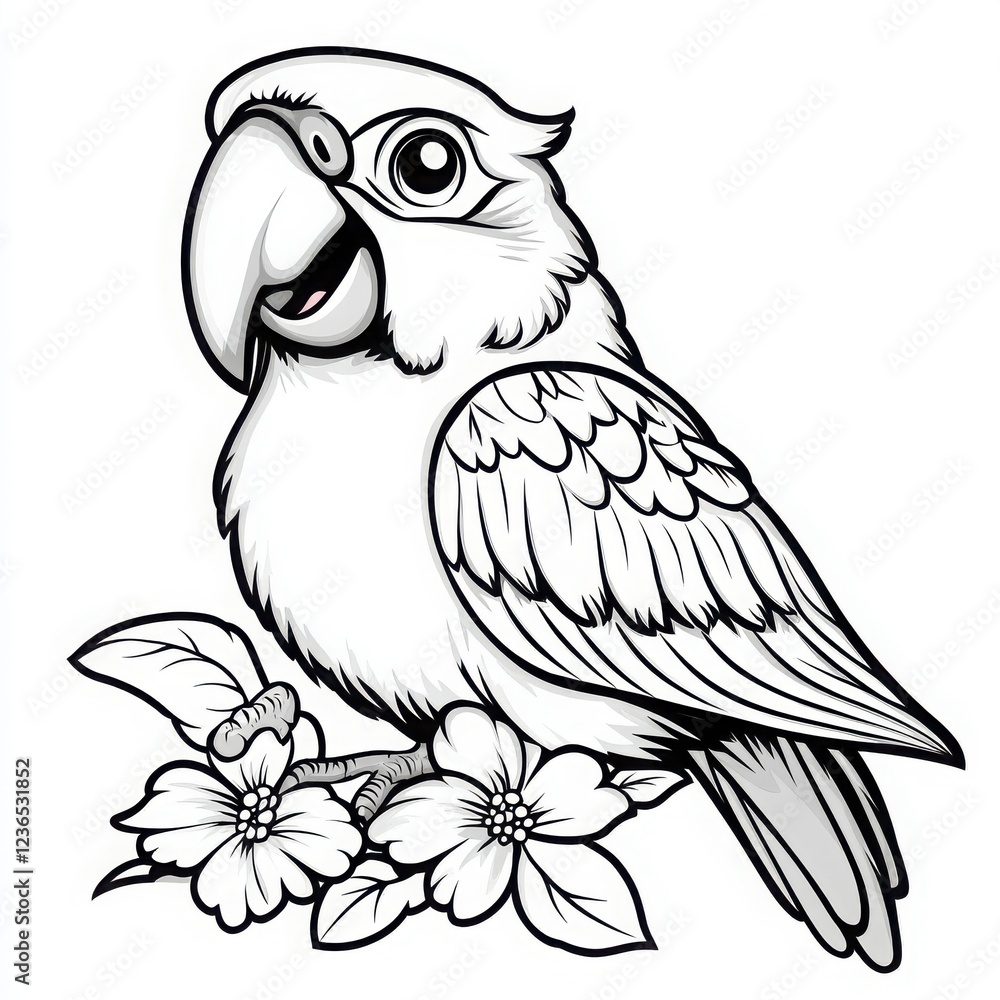 Obraz premium Cute Macaw in Black and White Style with Flowers Illustration