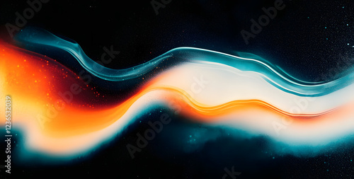 Vibrant orange teal white psychedelic grainy gradient color flow wave on black background, music cover dance party poster design