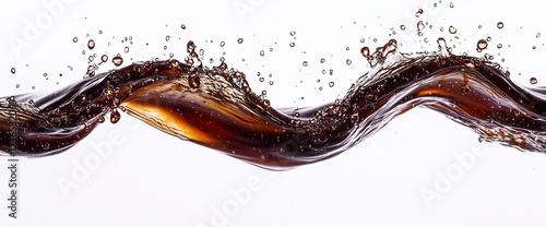 Dark brown liquid flowing in a wave, splashing and creating bubbles against a white background.