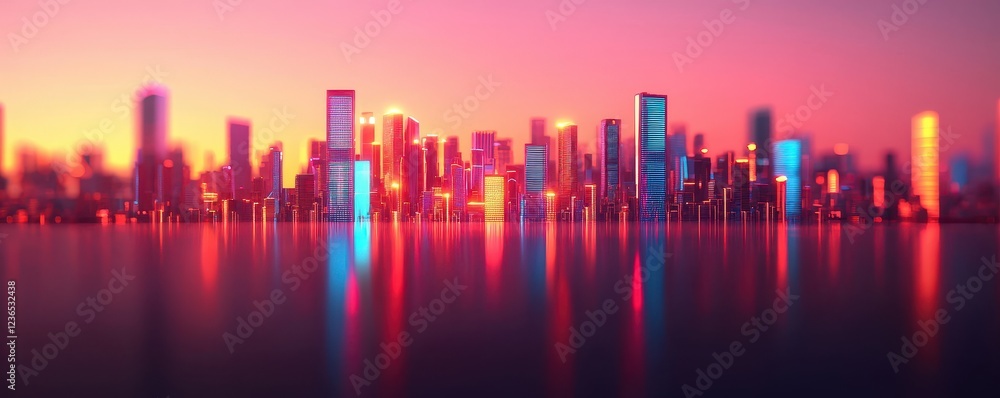 Vibrant Sunset City Skyline Reflected in Water Vibrant Sunset City Skyline Reflected in Water